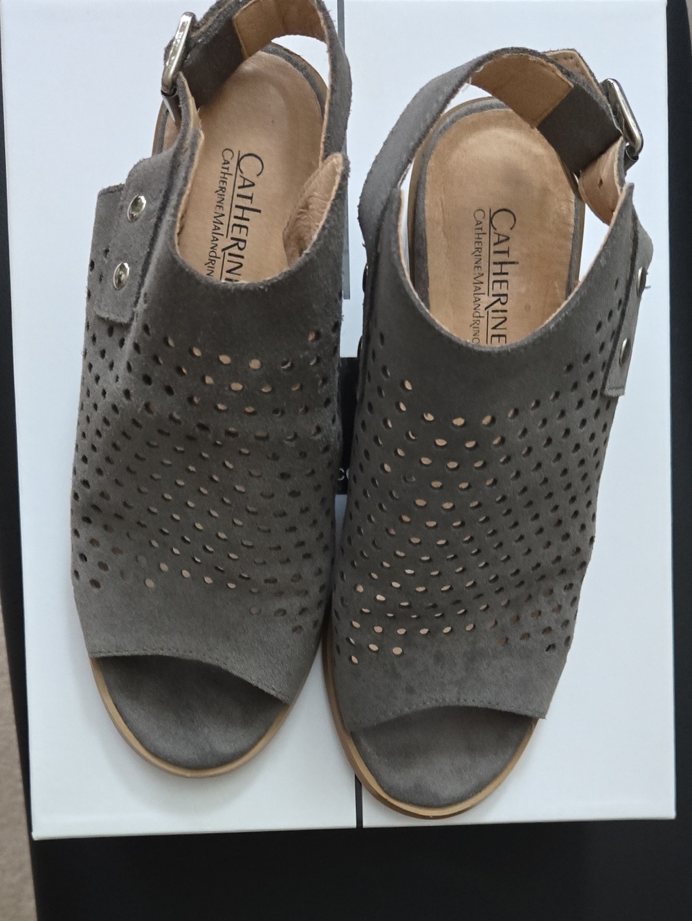 Catherine Malandrino Gray Perforated Suede Open-Toe Slingback Mules